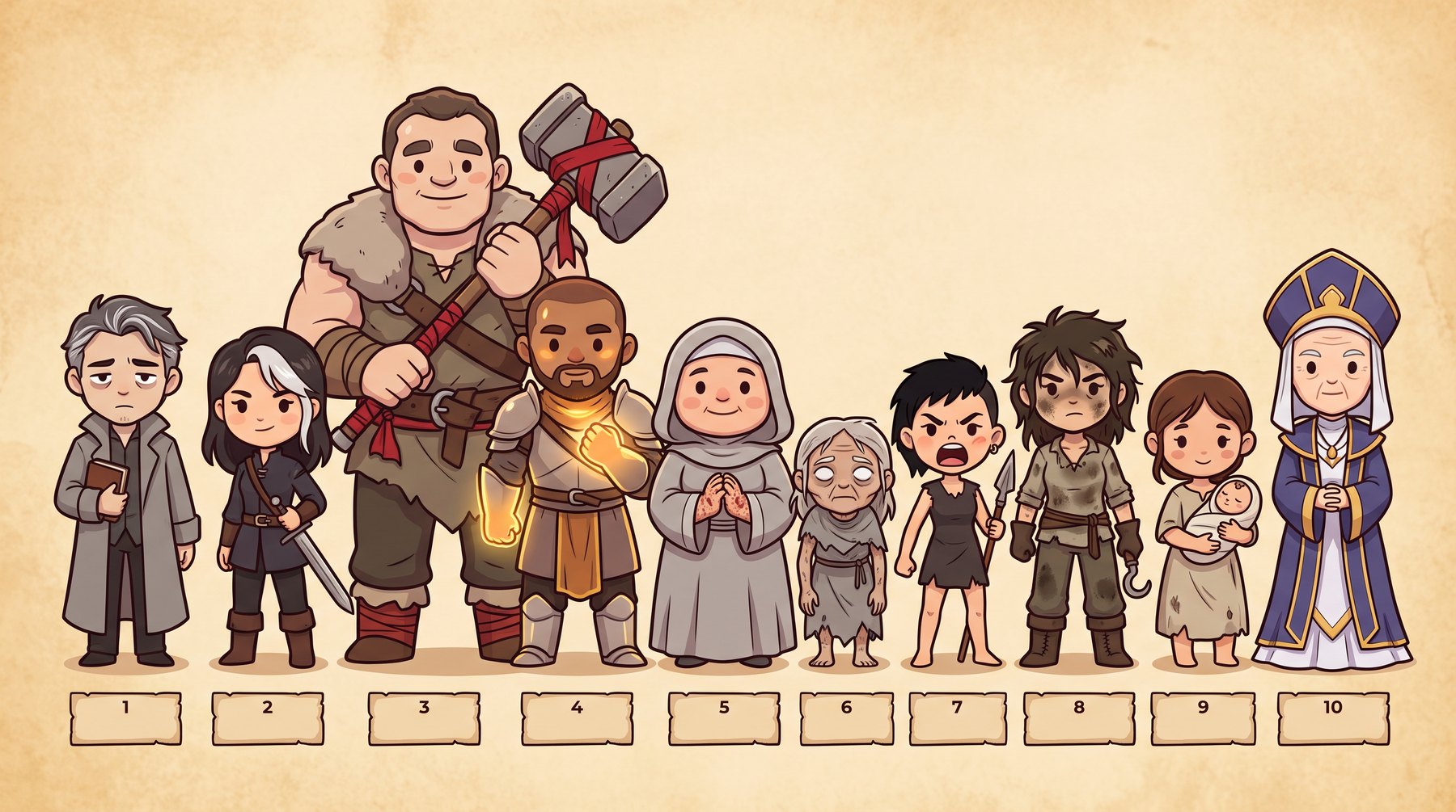 A chibi line-up of the ten main characters of The Chronicles of the Heralds, numbered one to ten
