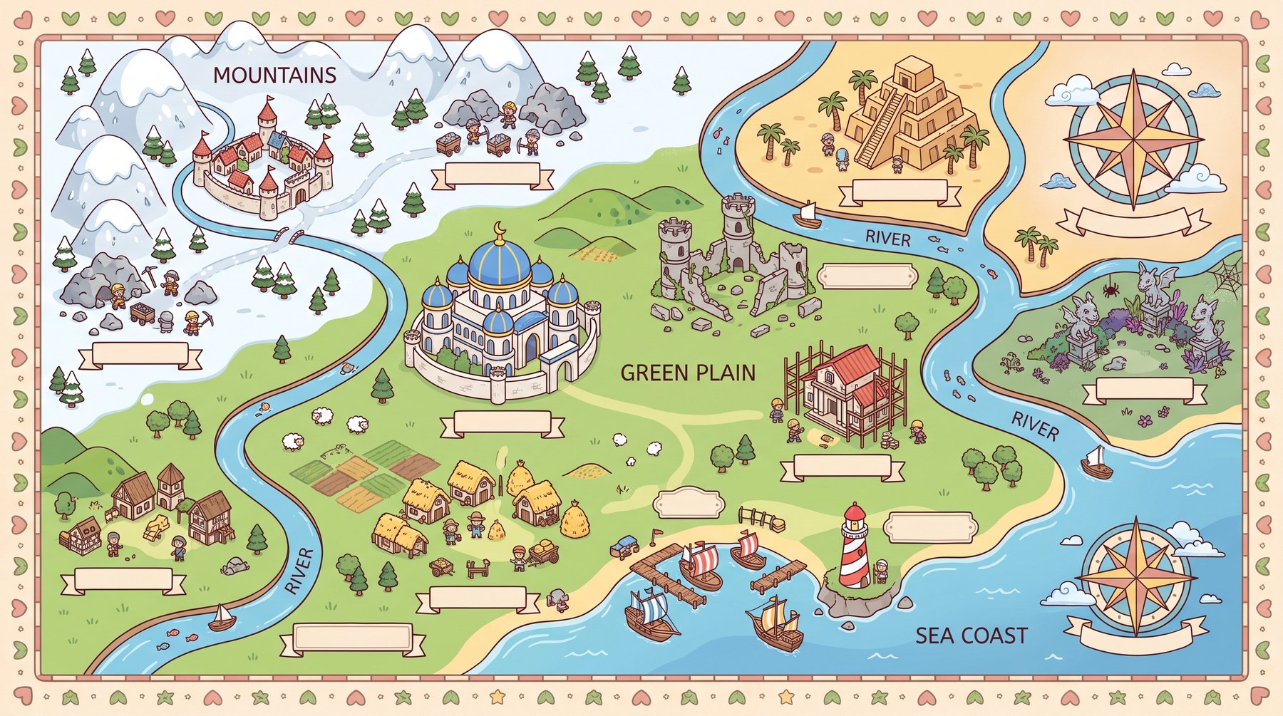 A chibi map of the Threefold Land showing its mountains, plains, coast and cities